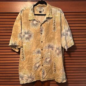 Tommy Bahama Palm Tree Leaf Print Beige Short Sleeve Button Down Silk Shirt XXL